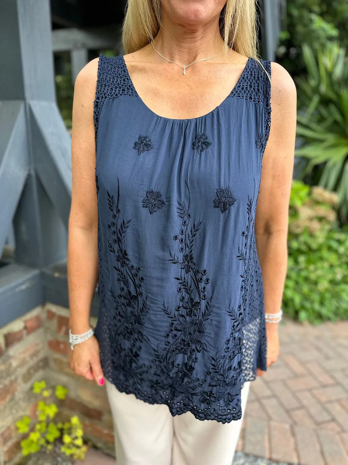 Navy Embroidered Pattern Top Luna