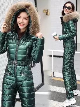 One Piece Ski Suit Women Jackets Winter Hooded Parka Jumpsuit Women Cotton Bodysuit Sashes Jumpsuits Zipper Overalls Tracksuits