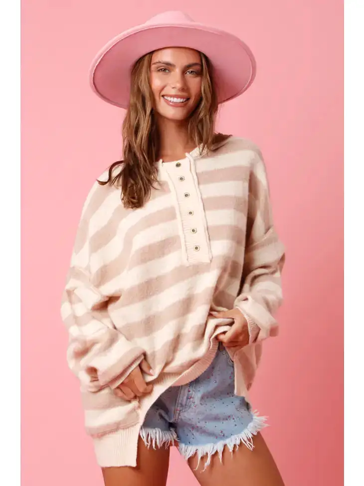 Oversized Striped Sweater - Natural/Taupe