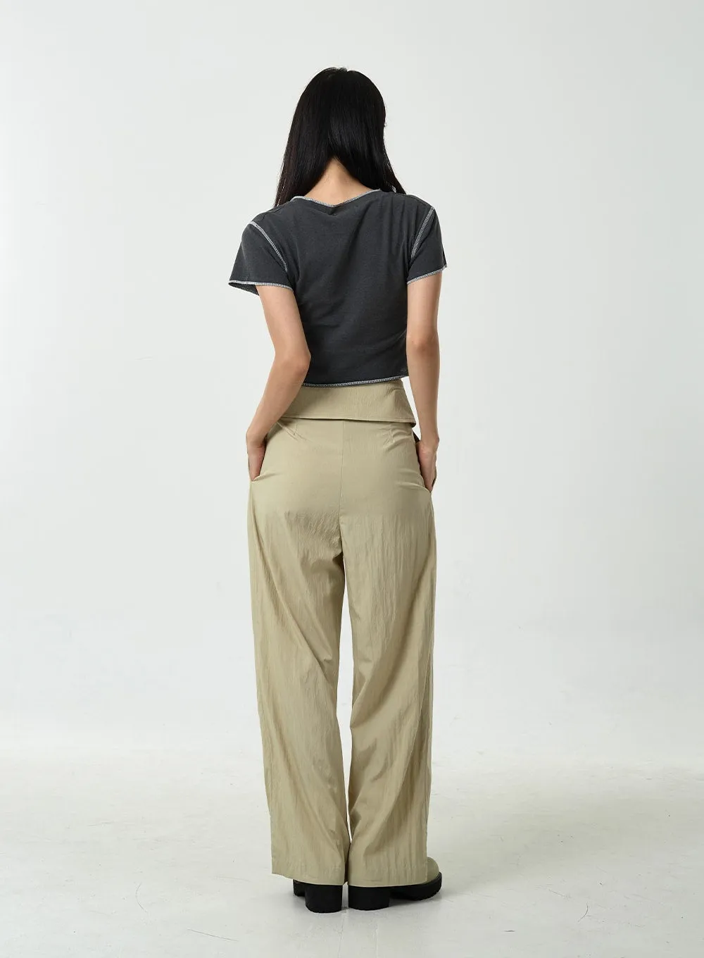 Pin-tuck Nylon Wide Leg Pants CU13