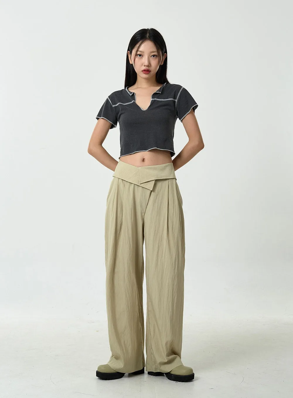 Pin-tuck Nylon Wide Leg Pants CU13