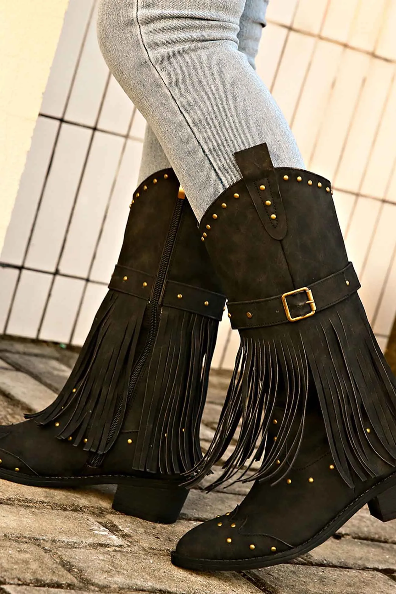 Pointed Toe Studded Fringed Mid-Calf Boots