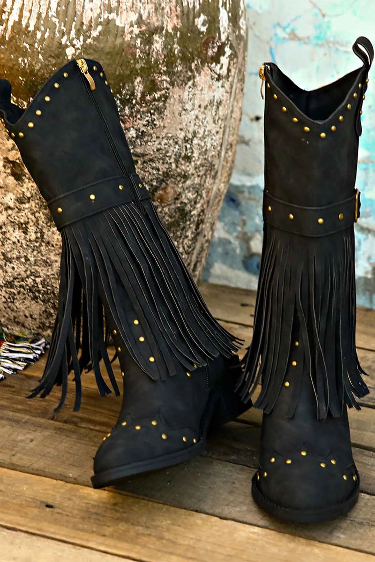 Pointed Toe Studded Fringed Mid-Calf Boots