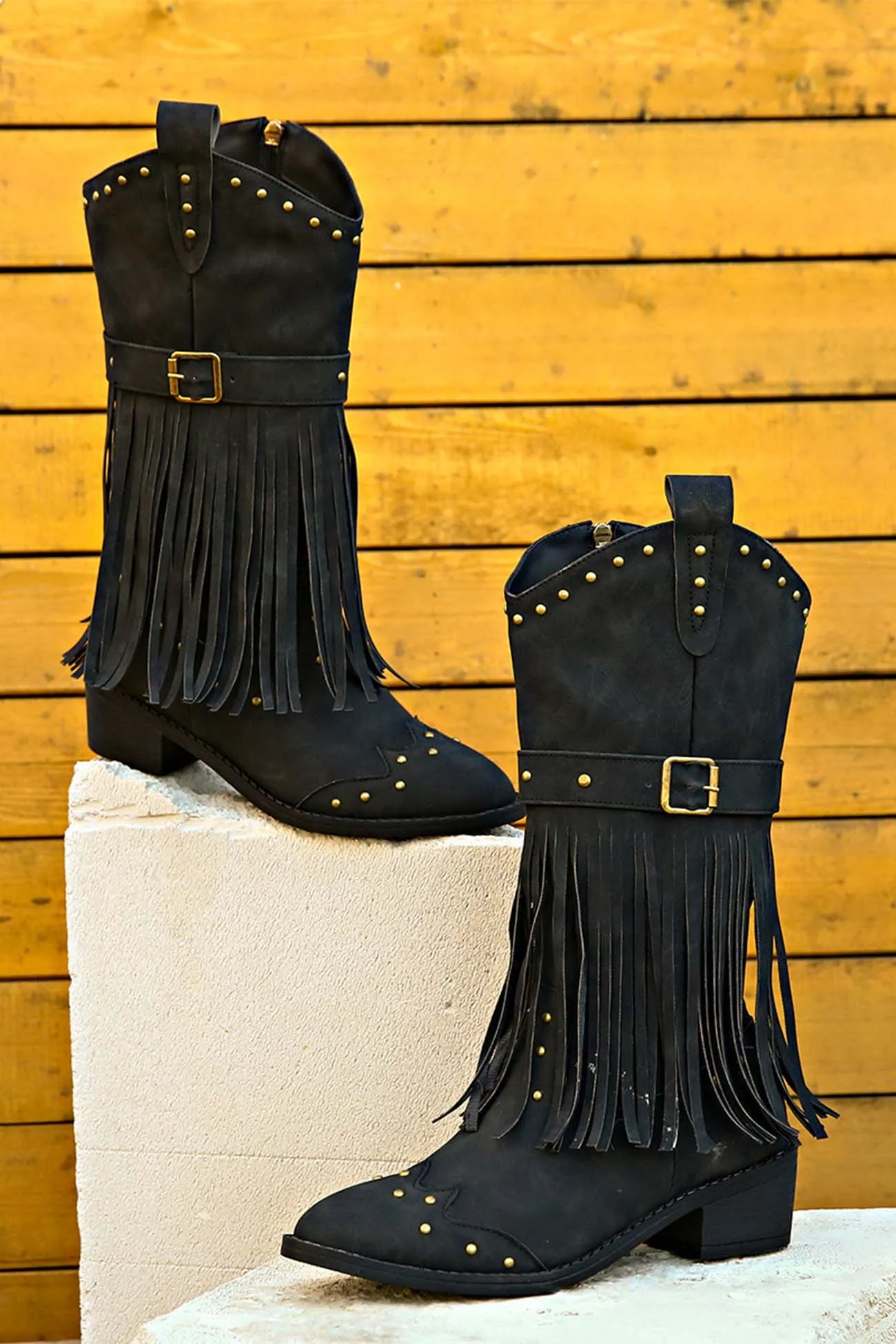 Pointed Toe Studded Fringed Mid-Calf Boots