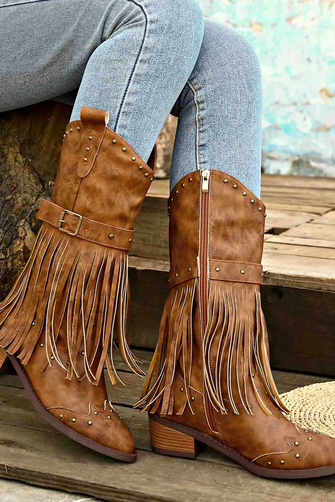 Pointed Toe Studded Fringed Mid-Calf Boots