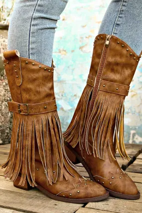 Pointed Toe Studded Fringed Mid-Calf Boots