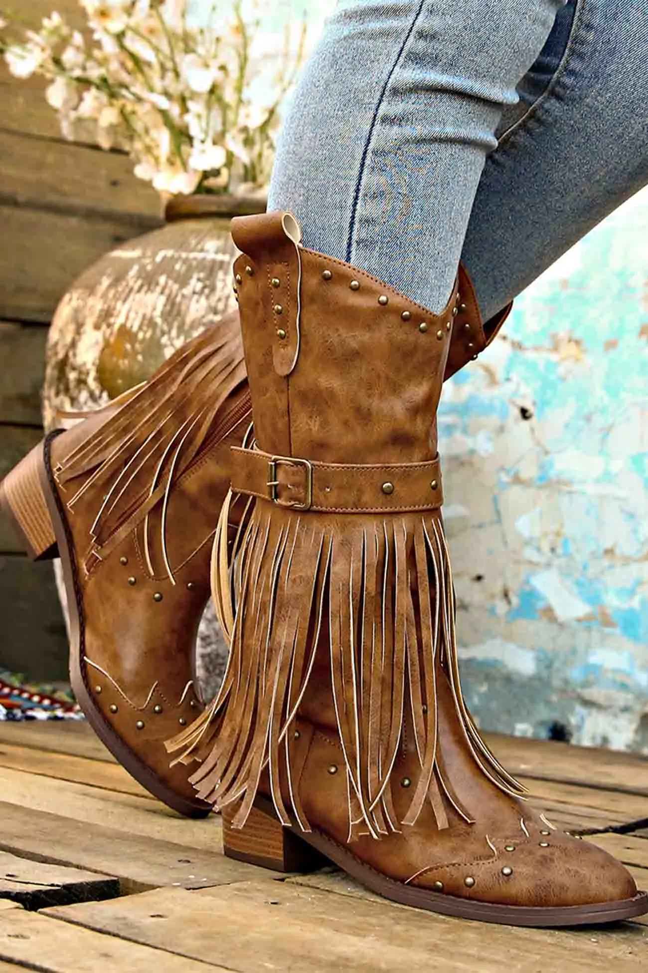 Pointed Toe Studded Fringed Mid-Calf Boots