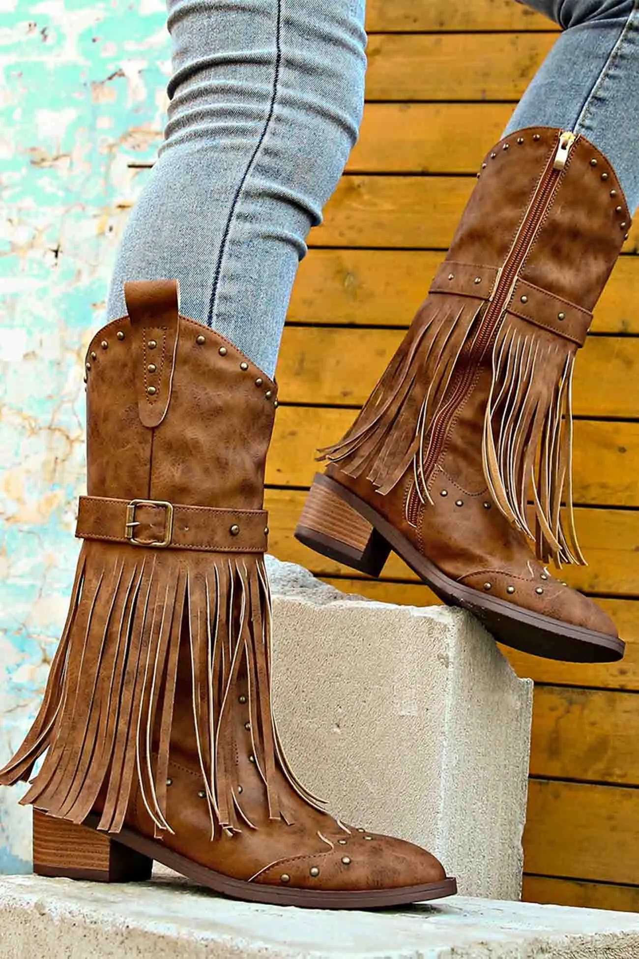 Pointed Toe Studded Fringed Mid-Calf Boots