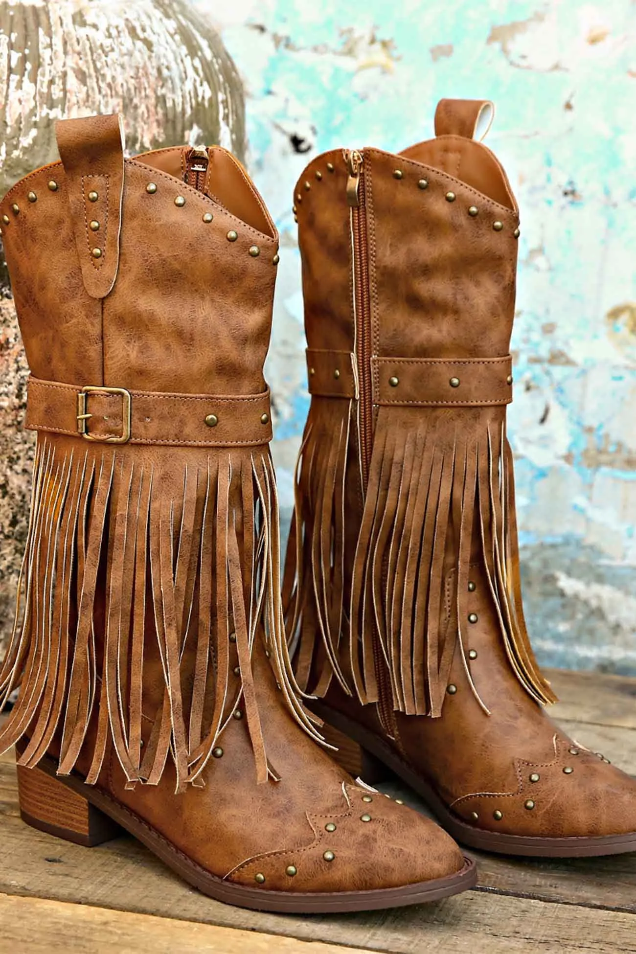 Pointed Toe Studded Fringed Mid-Calf Boots