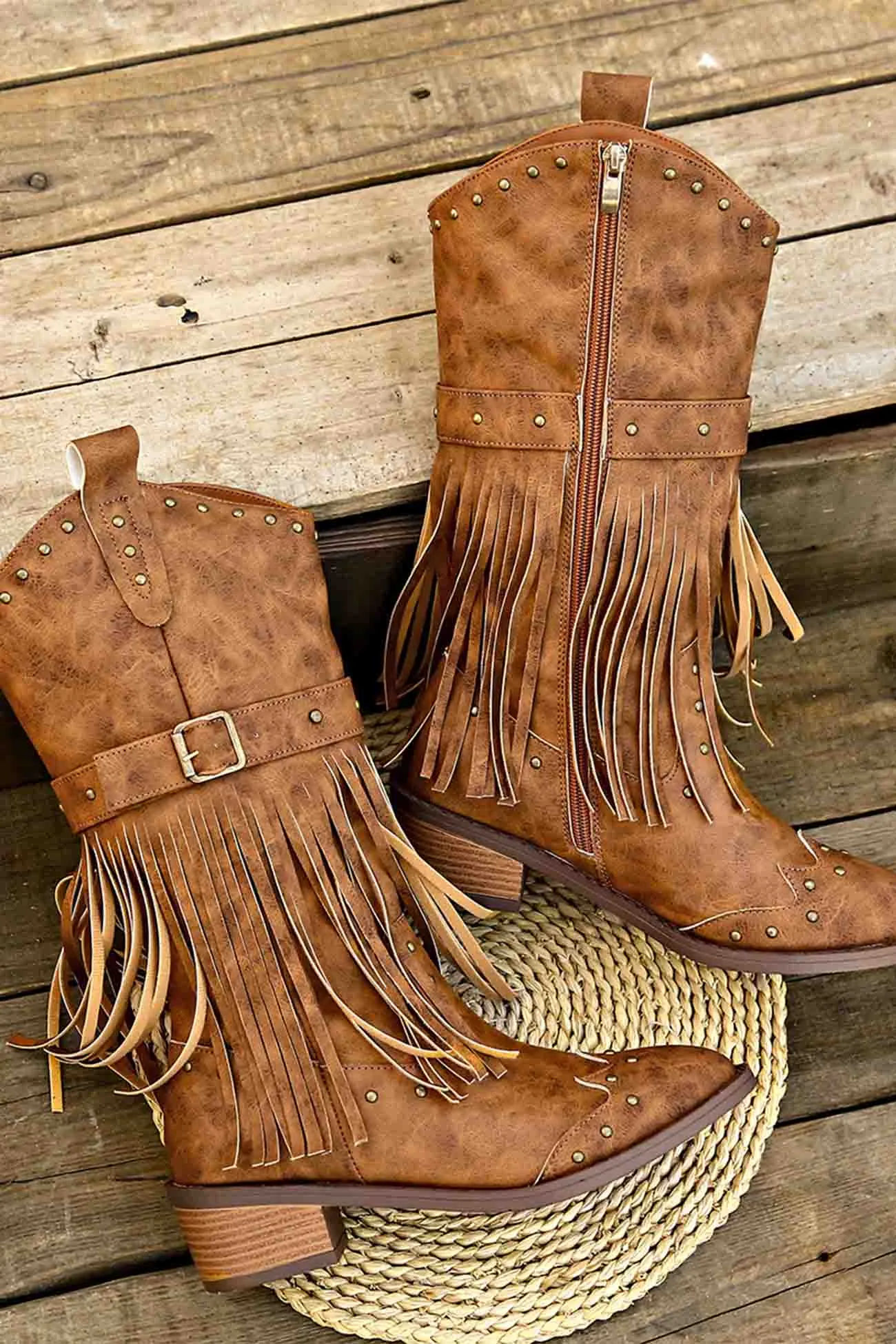 Pointed Toe Studded Fringed Mid-Calf Boots