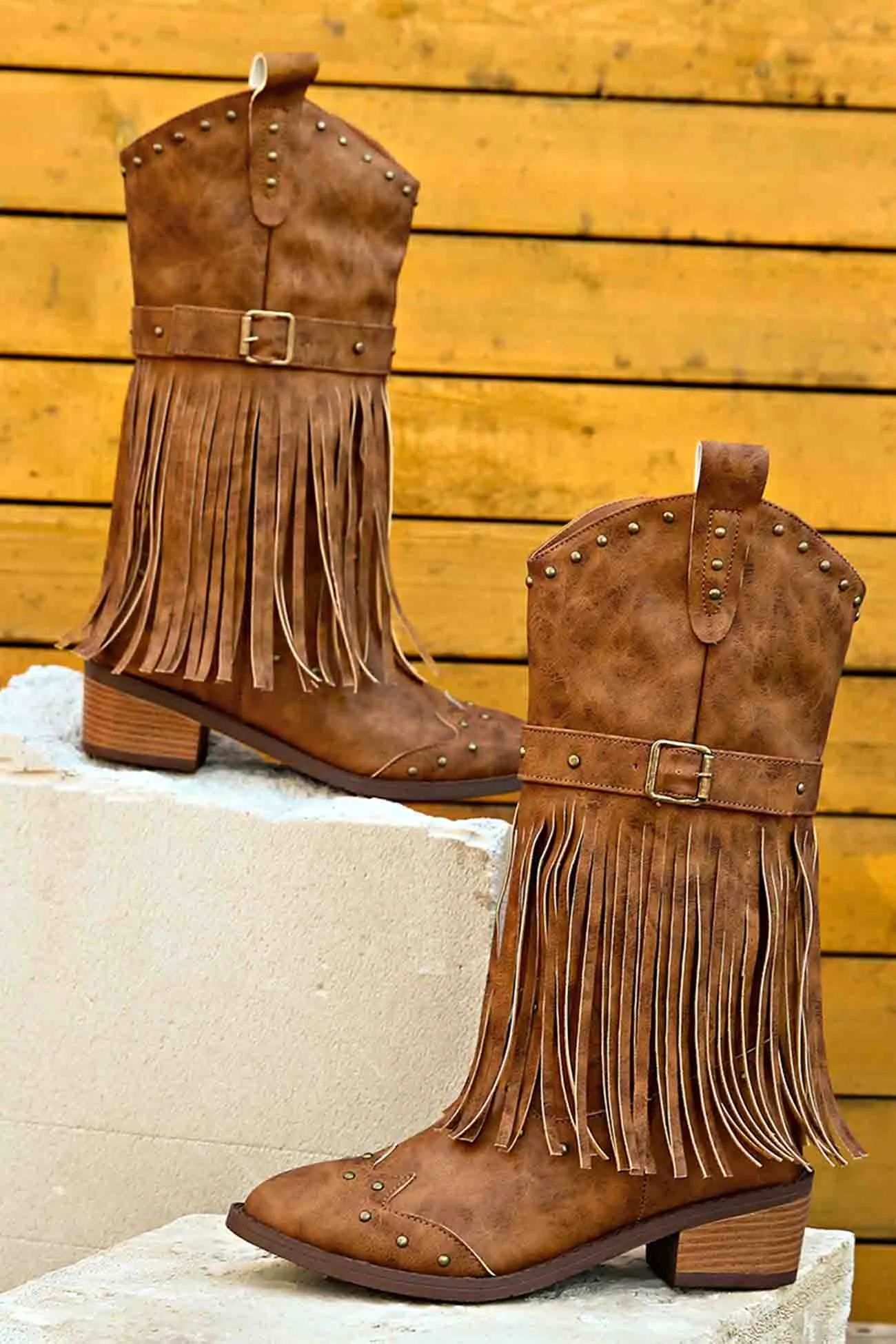 Pointed Toe Studded Fringed Mid-Calf Boots