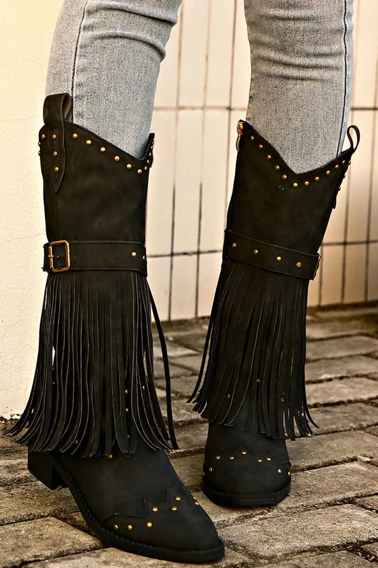 Pointed Toe Studded Fringed Mid-Calf Boots