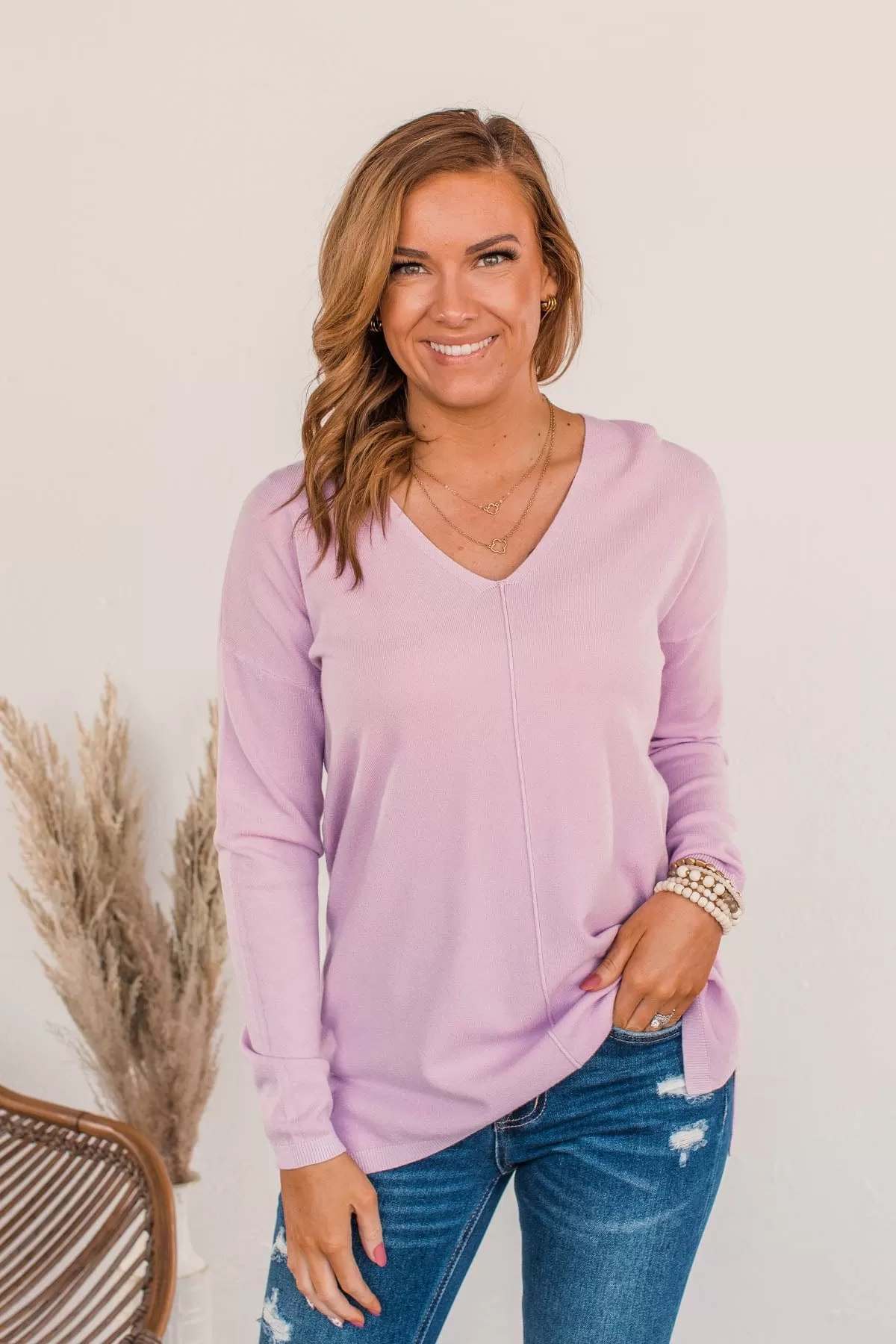 Soft As A Cloud V-Neck Sweater- French Rose