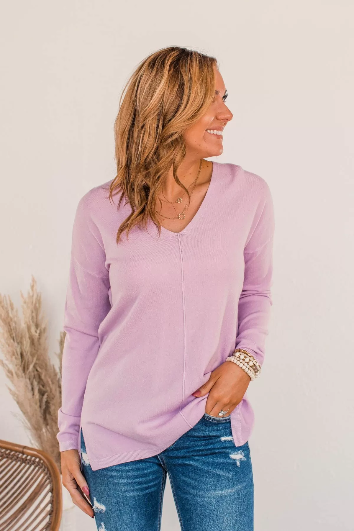 Soft As A Cloud V-Neck Sweater- French Rose