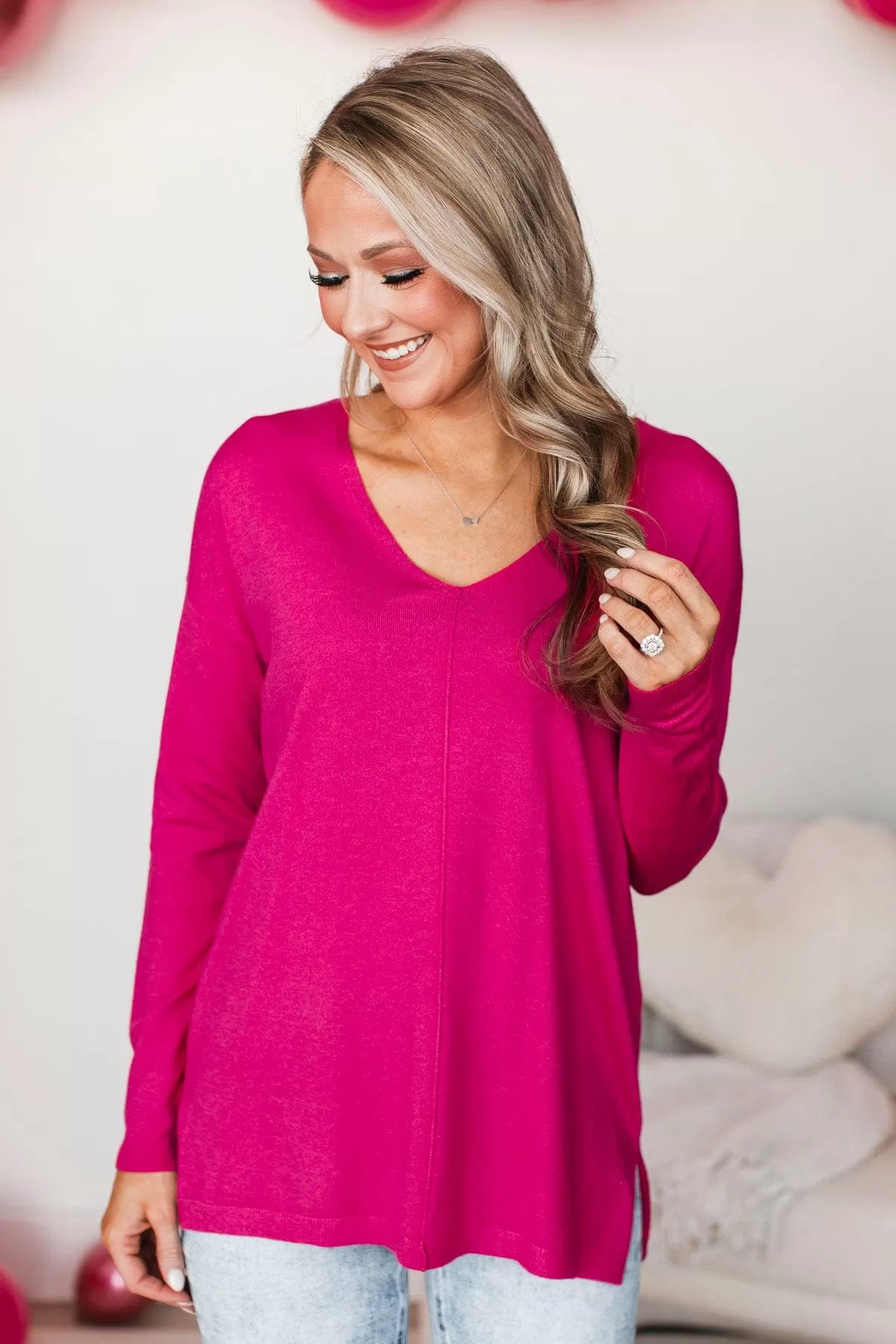 Soft As A Cloud V-Neck Sweater- Hot Pink