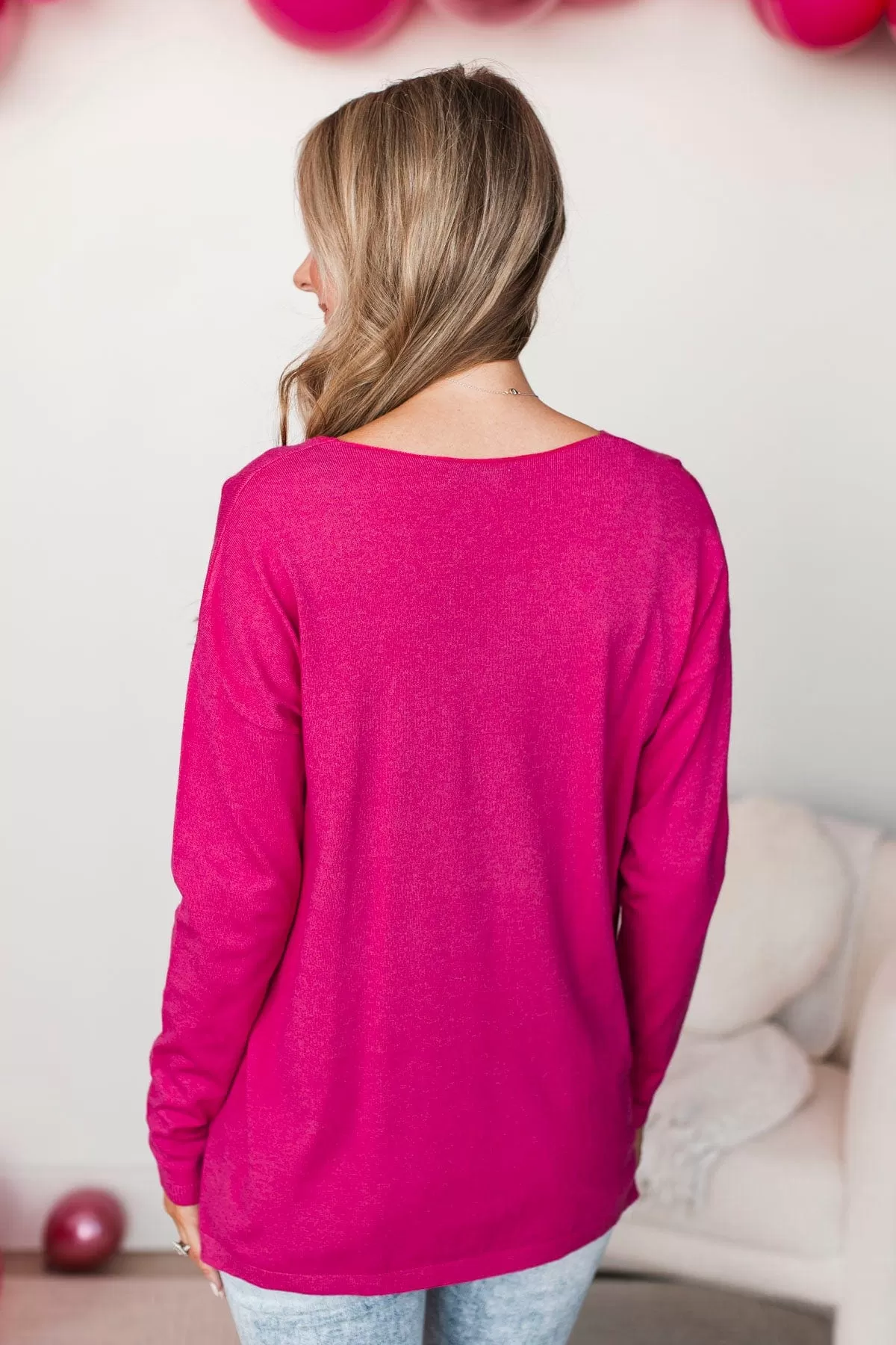 Soft As A Cloud V-Neck Sweater- Hot Pink