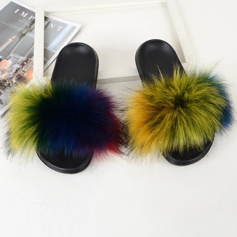 Summer Real Fur Slides Cotton Fluffy Flat House Slippers for Women