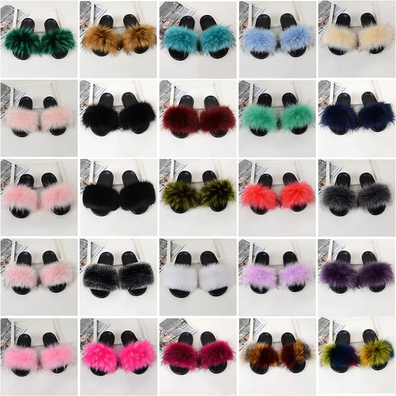 Summer Real Fur Slides Cotton Fluffy Flat House Slippers for Women