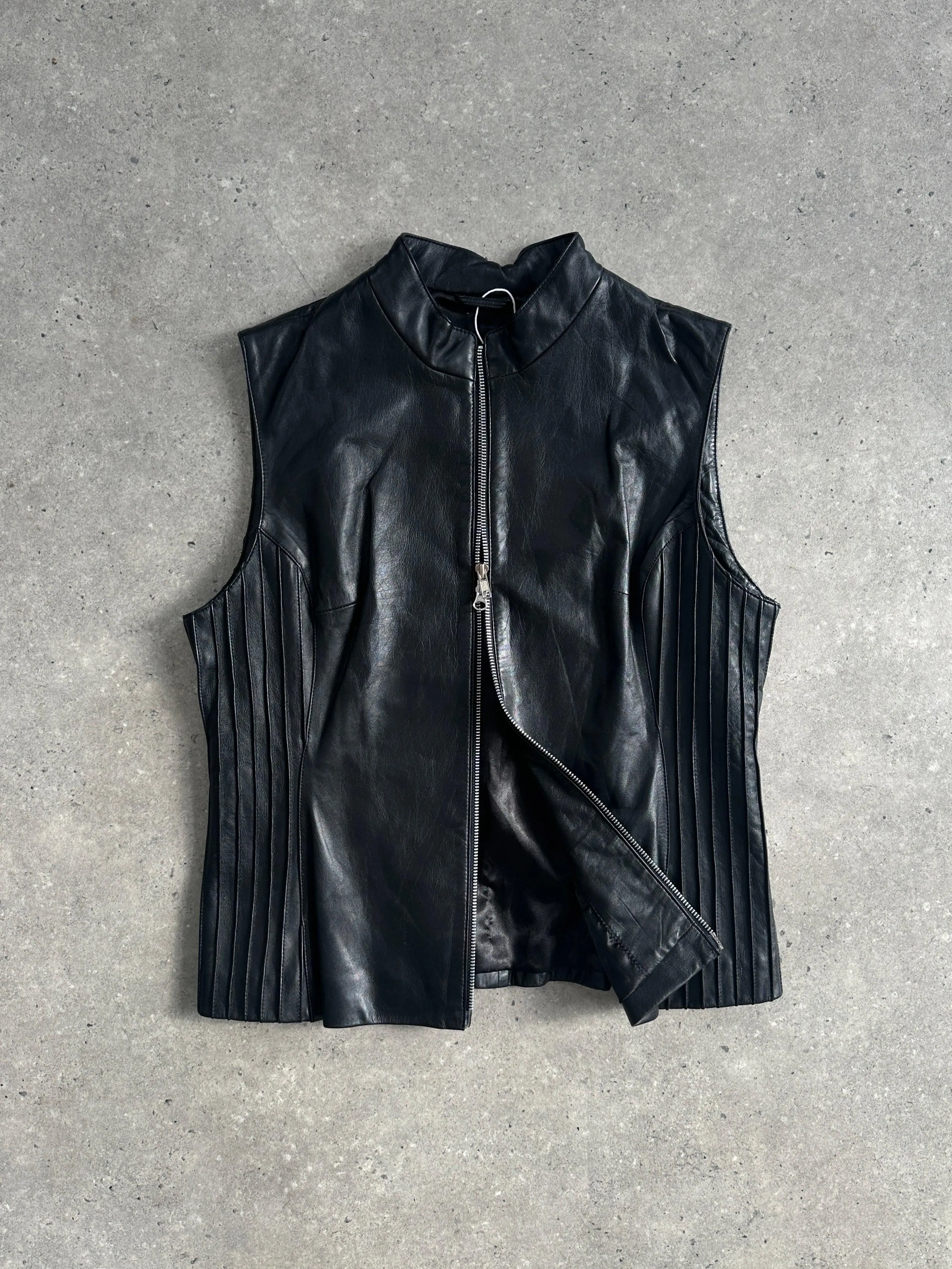 Vintage Leather Double Zip Pleated Vest Gilet Jacket - L