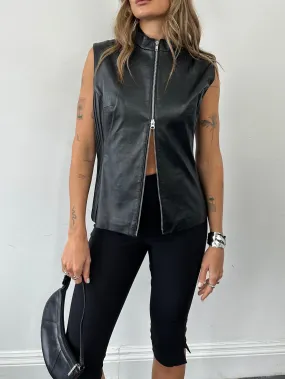 Vintage Leather Double Zip Pleated Vest Gilet Jacket - L