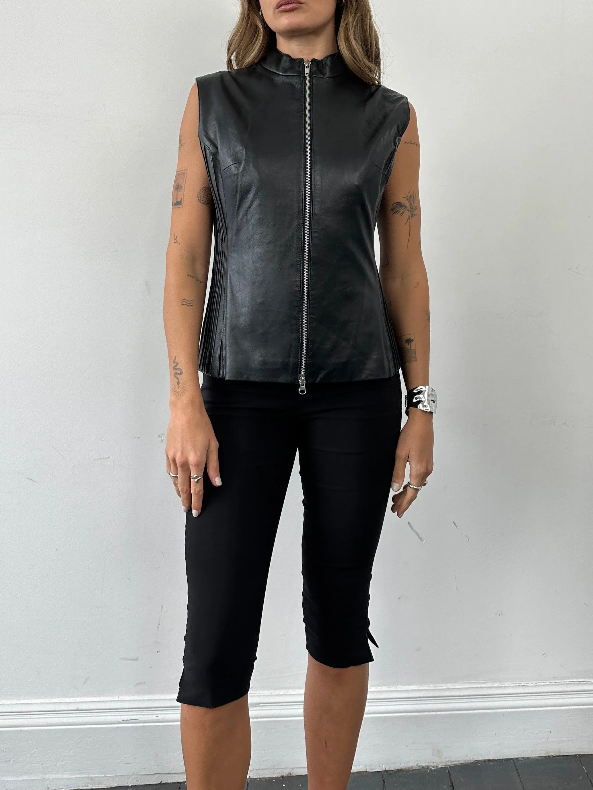 Vintage Leather Double Zip Pleated Vest Gilet Jacket - L