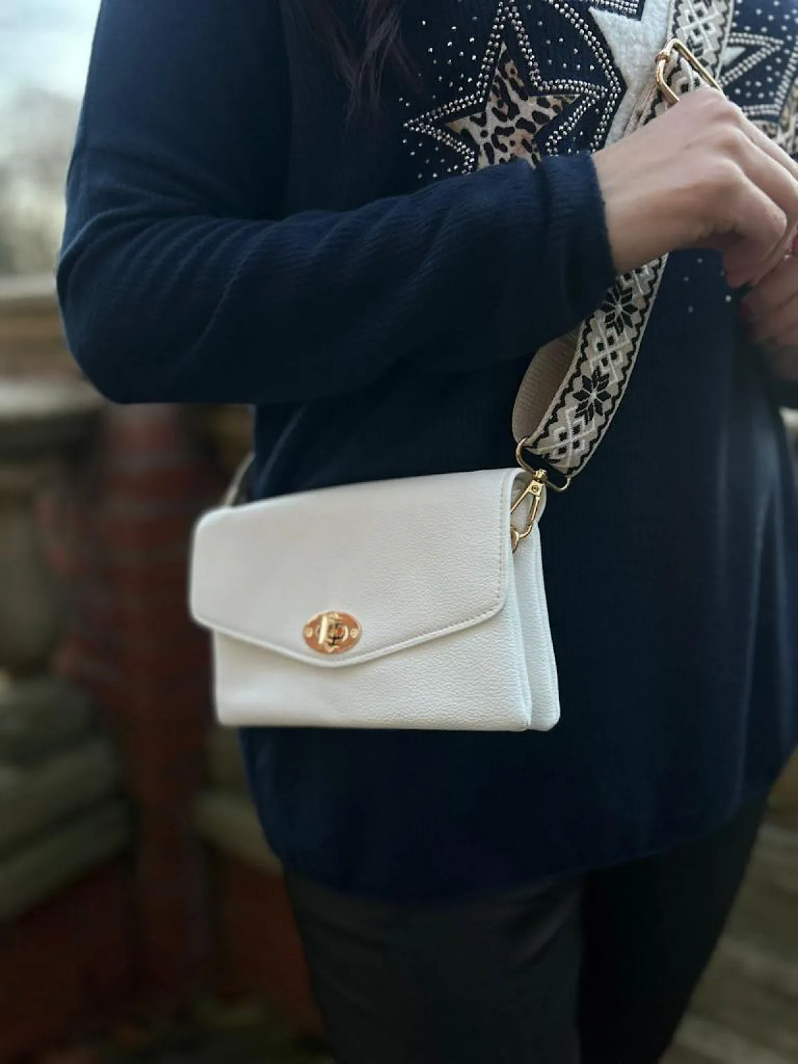 White Detail Strap Twist Lock Bag