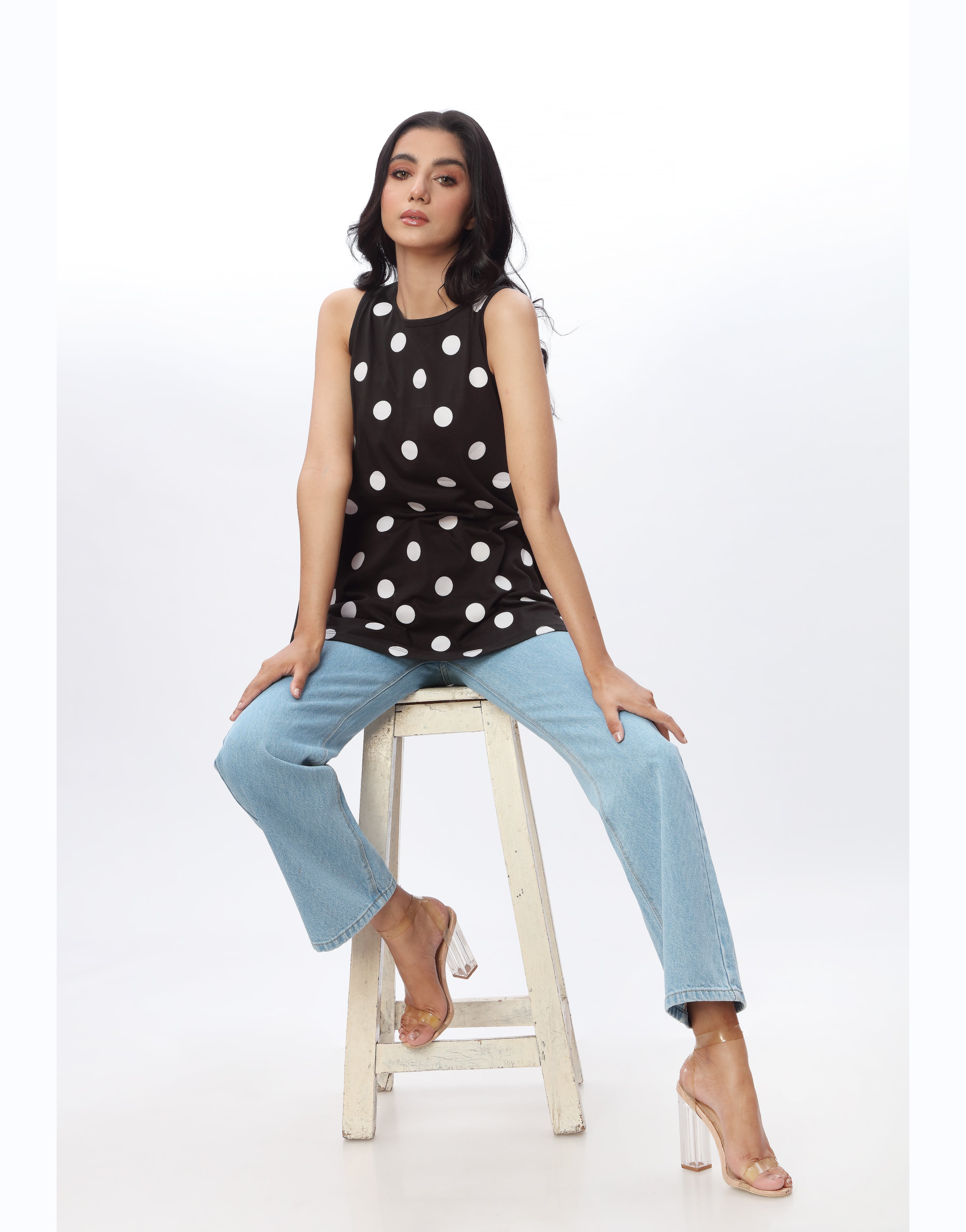 White Polka Dots Sleeveless Black Top Boohoo