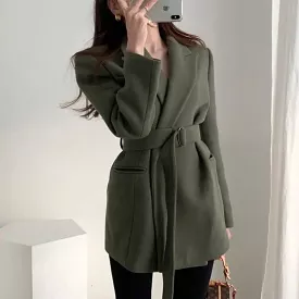 Women Blazers Woolen Coats Jacket Outerwear Thicken Warm Lace Up Office Lady Slim Lapel Overcoat Khaki Korea Style Coat S4246885