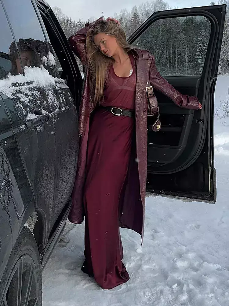 Women Vintage Wine Red Lapel Long Pu Coats With Belt Autumn Fashion Double Breasted Overcoat