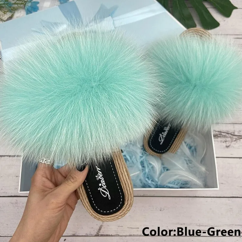 Women's Blue Green Real Fur Synthetic Straw Natural Fox Flip Flop Flat Sandals