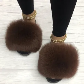 Women's Caramel Summer Sexy Slides Fox Big Fur Fluffy House Slippers