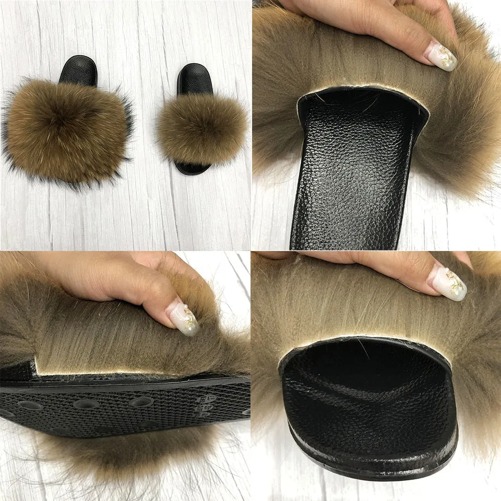 Women's Caramel Summer Sexy Slides Fox Big Fur Fluffy House Slippers