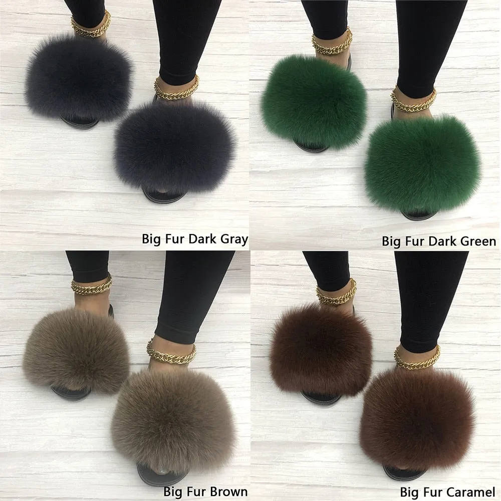 Women's Caramel Summer Sexy Slides Fox Big Fur Fluffy House Slippers