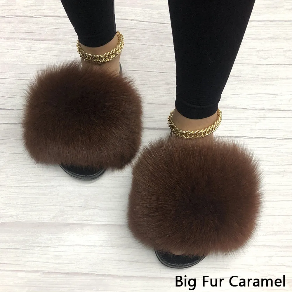 Women's Caramel Summer Sexy Slides Fox Big Fur Fluffy House Slippers