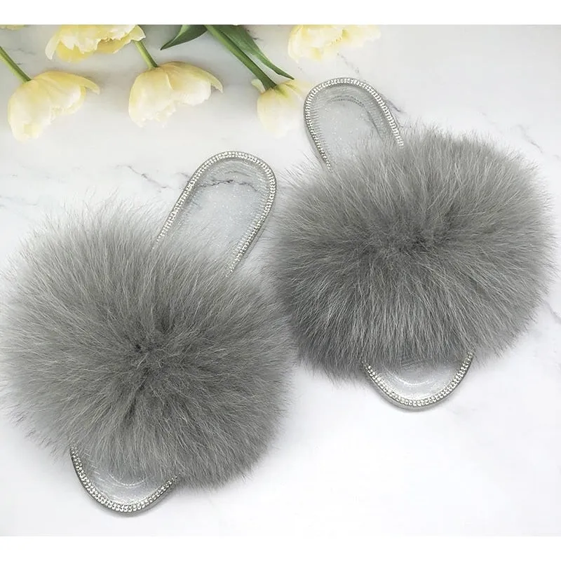 Women's Fluffy Gray Color Real Fur Beach Slides Transparent Flip Flop Slippers