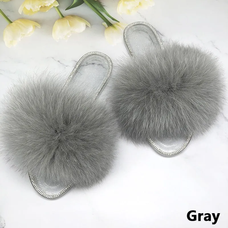 Women's Fluffy Gray Color Real Fur Beach Slides Transparent Flip Flop Slippers