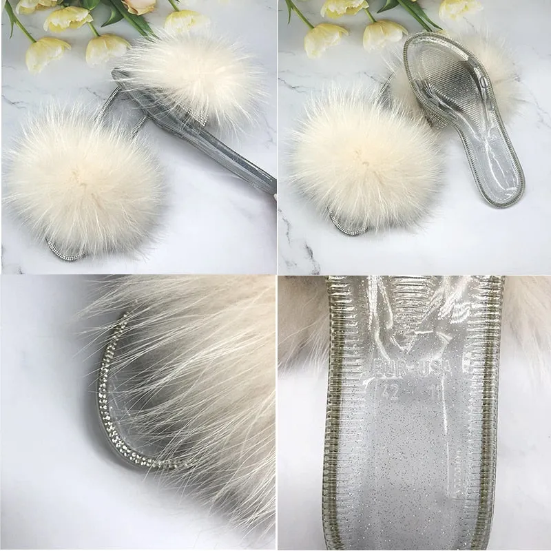 Women's Fluffy Gray Color Real Fur Beach Slides Transparent Flip Flop Slippers