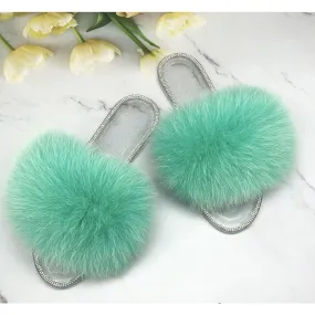 Women's Mint Green Jelly Real Fur Transparent Flip Flop Fluffy Slides Sandals