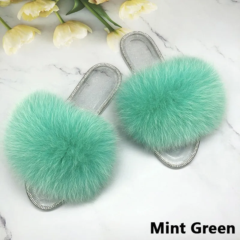 Women's Mint Green Jelly Real Fur Transparent Flip Flop Fluffy Slides Sandals