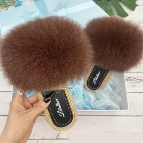 Women's Sexy Summer Raccoon Natural Fox Fur Flip-Flop Slippers