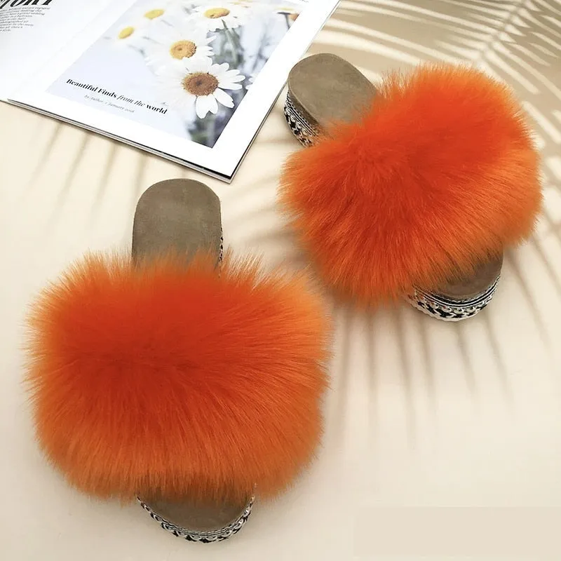 Women's Summer Orange Color Synthetic Fur Rivet Platform House Slippers