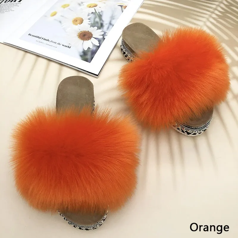 Women's Summer Orange Color Synthetic Fur Rivet Platform House Slippers