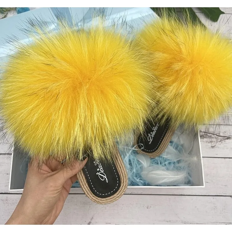 Women's Summer Synthetic Straw Natural Fox Real Fur Flip Flop Slippers