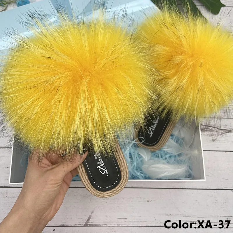 Women's Summer Synthetic Straw Natural Fox Real Fur Flip Flop Slippers