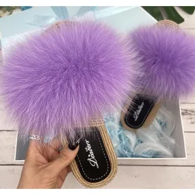 Women's Taro Purple Natural Raccoon Fur Slide Synthetic Straw Flip Flop Sandals