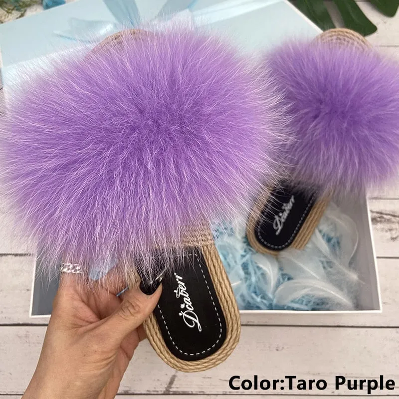 Women's Taro Purple Natural Raccoon Fur Slide Synthetic Straw Flip Flop Sandals