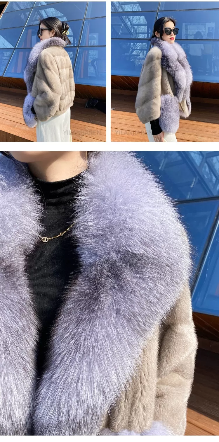 Women's Winter Natural Real Mink Fox Fur Collar Warm Short Jackets