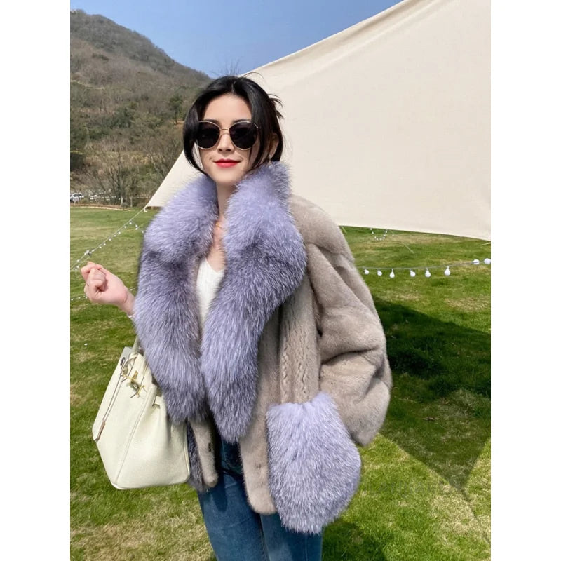 Women's Winter Natural Real Mink Fox Fur Collar Warm Short Jackets