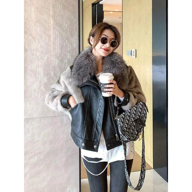 Women's Winter Warm Natural Mink Fox Fur Genuine Leather Short Jackets