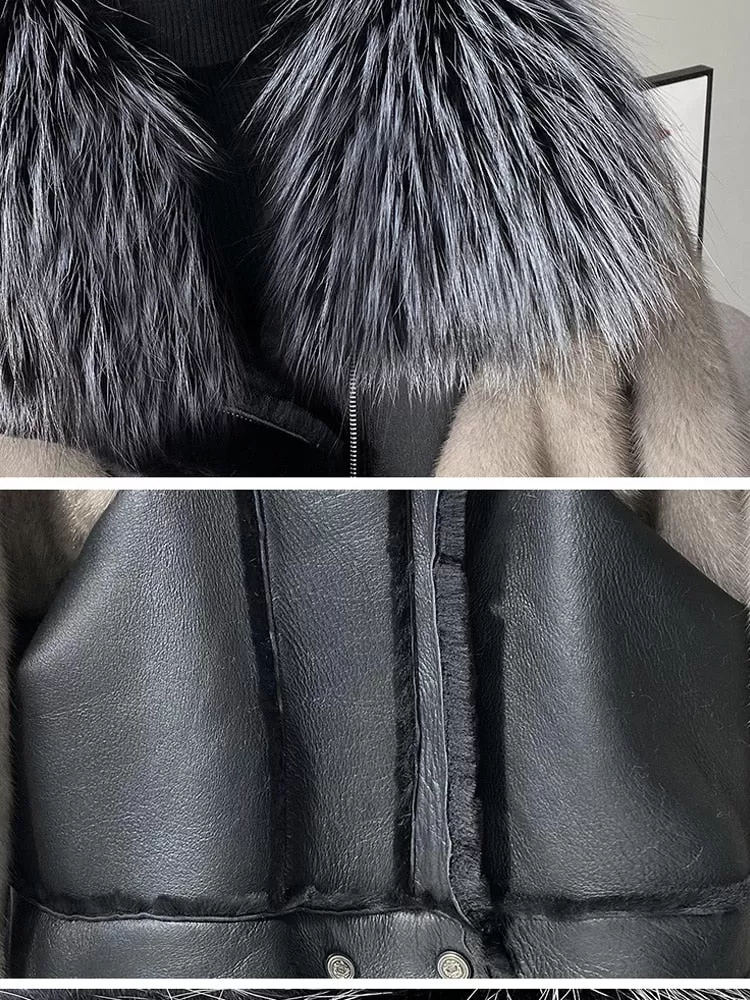 Women's Winter Warm Natural Mink Fox Fur Genuine Leather Short Jackets